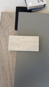 Finish Sample for the Xabia-Spain Kitchen including cabinet color, bar panel, countertop material and hardware finish.